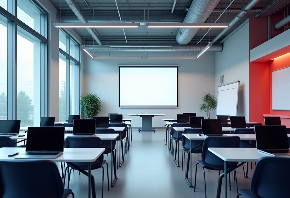Moderner Seminarraum mit Laptops, Präsentationsleinwand und Whiteboard für IT-Schulungen
