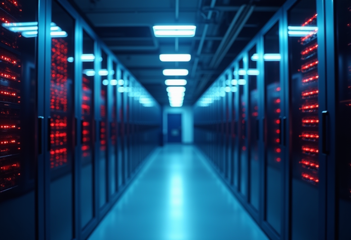 Serverraum mit Netzwerk-Racks und blau-roter Beleuchtung – professioneller Betrieb im Rechenzentrum