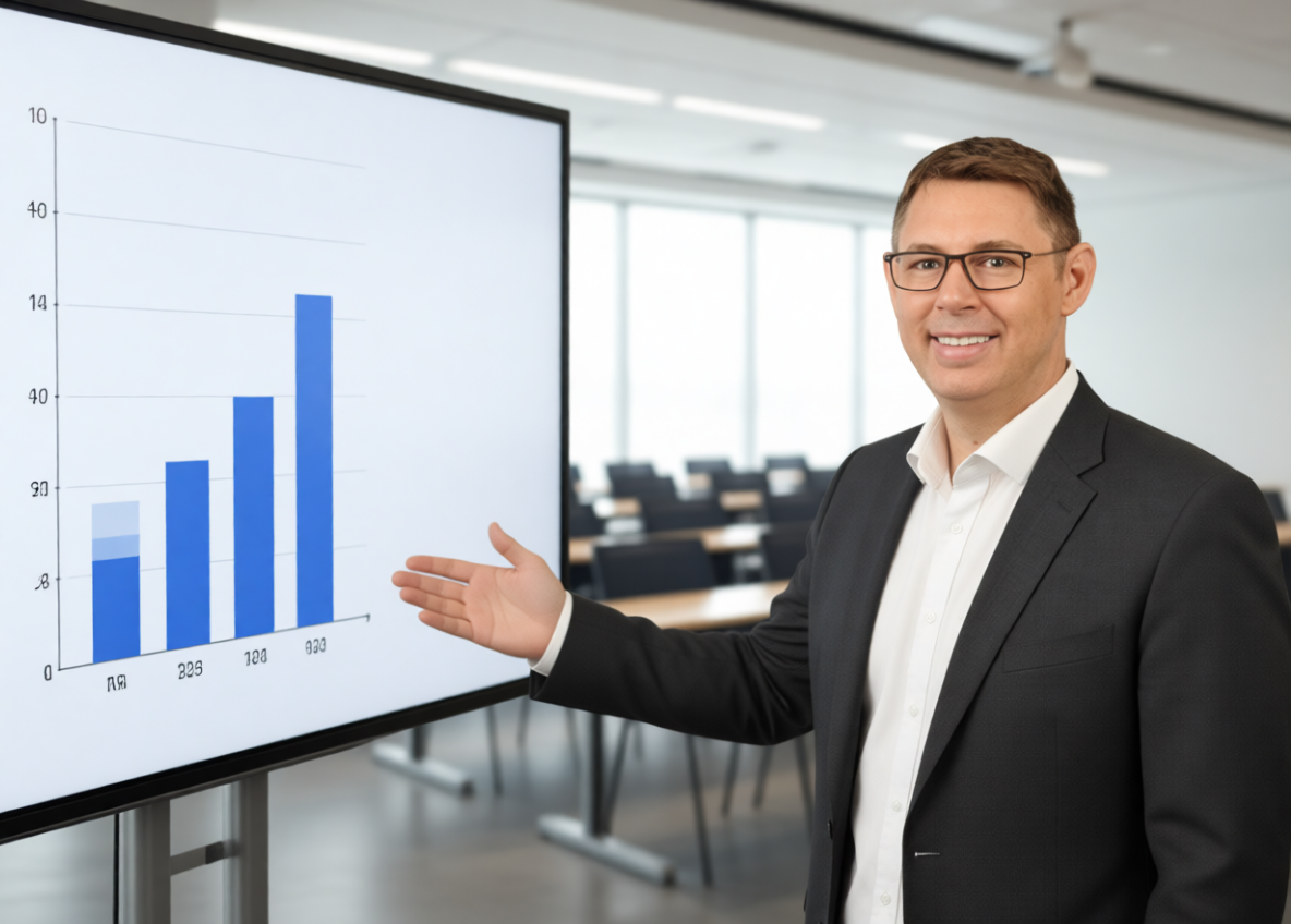 Marcus Moll von Netpage erklärt als Trainer ein Diagramm auf einem großen Display im Seminarraum