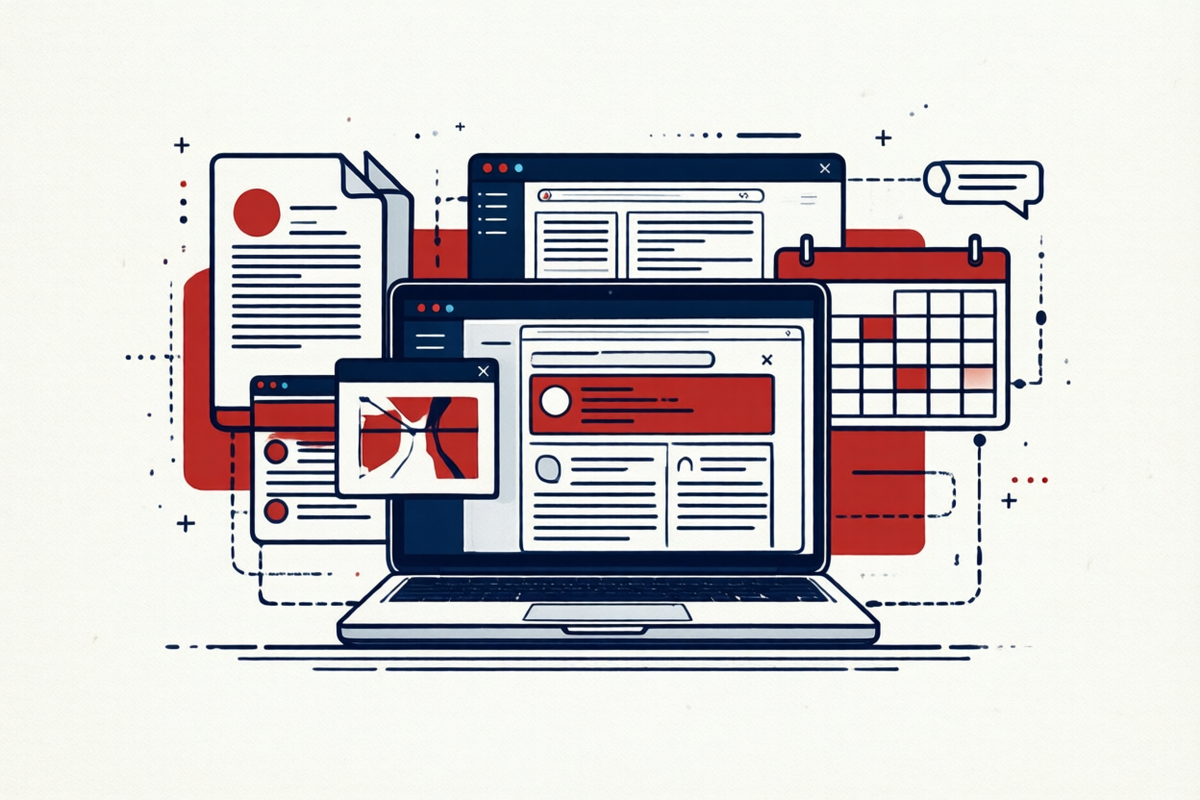 Illustration: Digitaler Arbeitsplatz – Laptop mit verbundenen Anwendungen für Dokumente, Kalender und Kommunikation