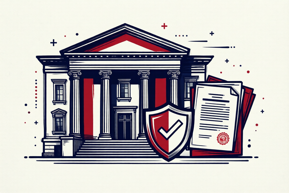 Illustration: Digitale Verwaltung – Behördengebäude mit Sicherheitsschild und amtlichen Dokumenten