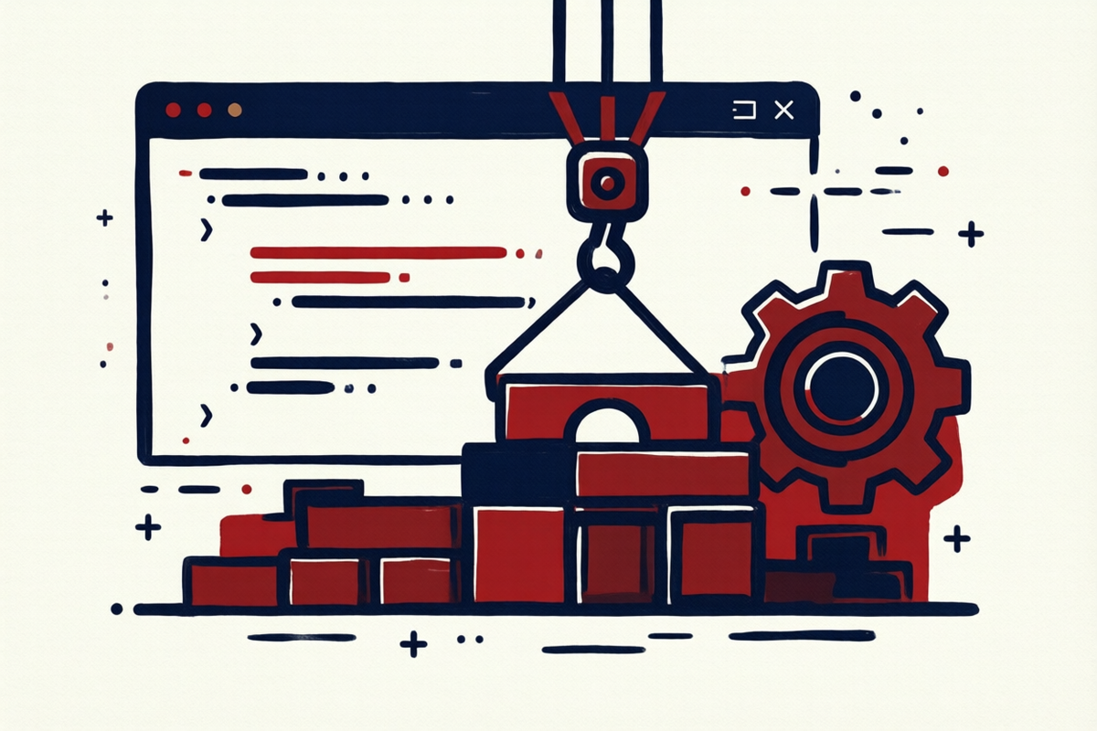 Illustration: Webentwicklung – Code-Editor und Kran, der Bausteine zu einer Website stapelt