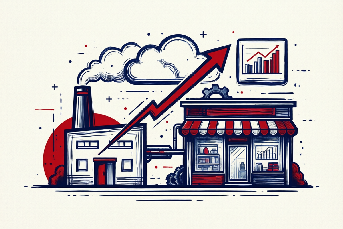 Illustration: Digitalisierung im Mittelstand – Betrieb und Ladengeschäft mit Wachstumspfeil zur Cloud