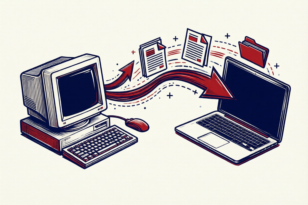 Illustration: Daten-Migration – Dokumente wandern über einen großen Pfeil vom alten Computer zum modernen Laptop