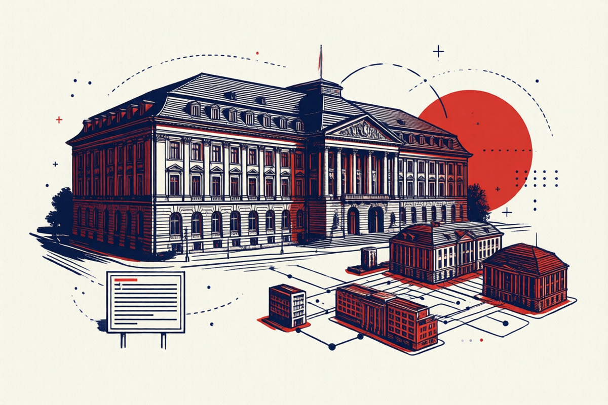 Illustration: Öffentlicher Sektor – Verwaltungsgebäude digital vernetzt