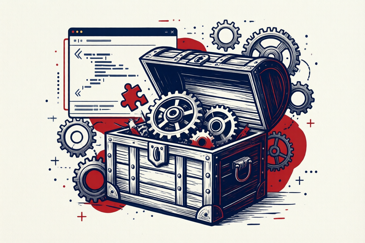 Illustration: Open Source – offene Schatzkiste mit Zahnrädern, Code-Fenster und Puzzleteilen