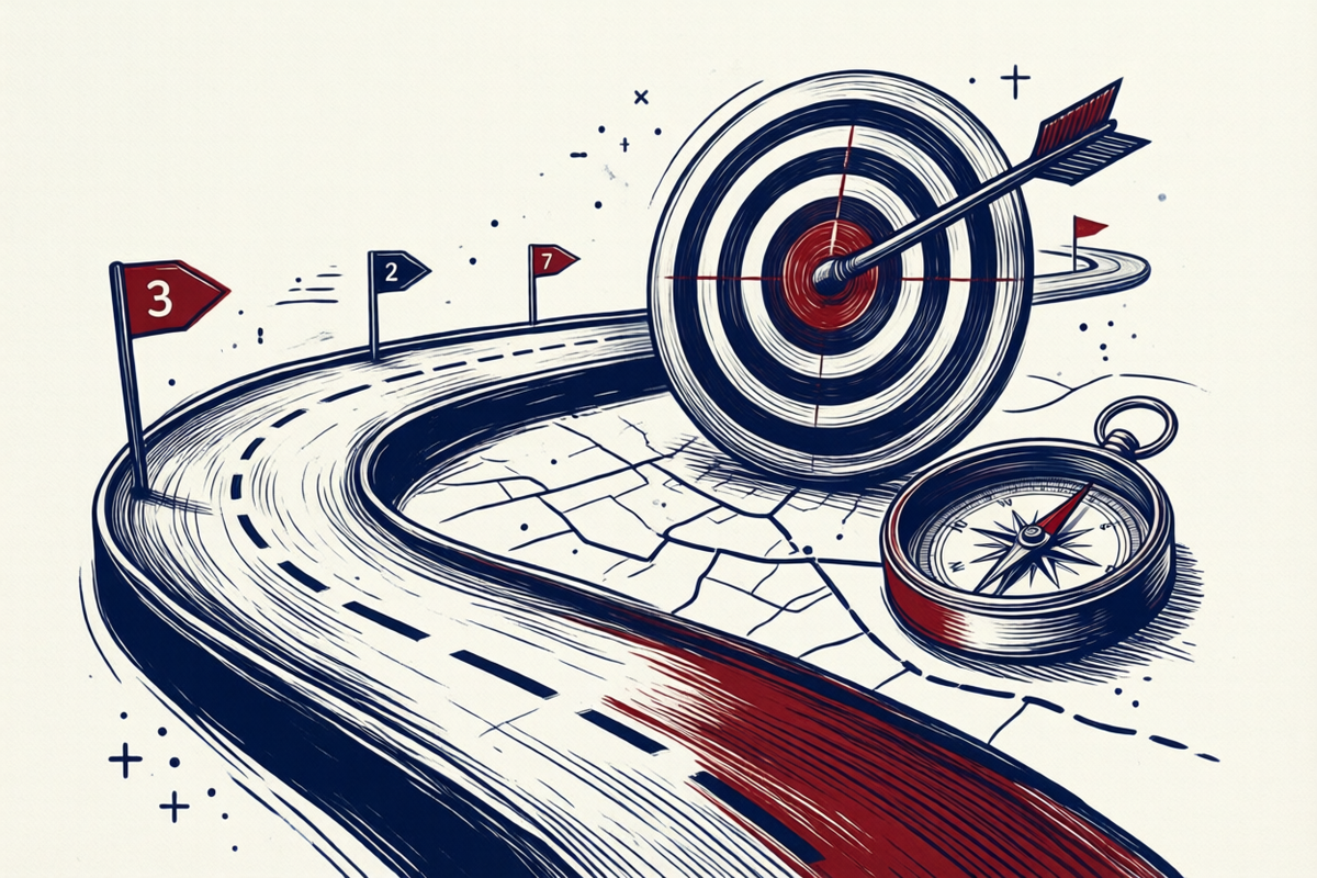 Illustration: IT-Strategie – Roadmap mit Meilensteinen, Zielscheibe und Kompass