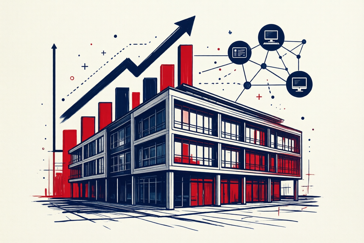 Illustration: Wachsendes Unternehmen – Bürogebäude mit steigender Kurve und vernetzten Arbeitsplätzen