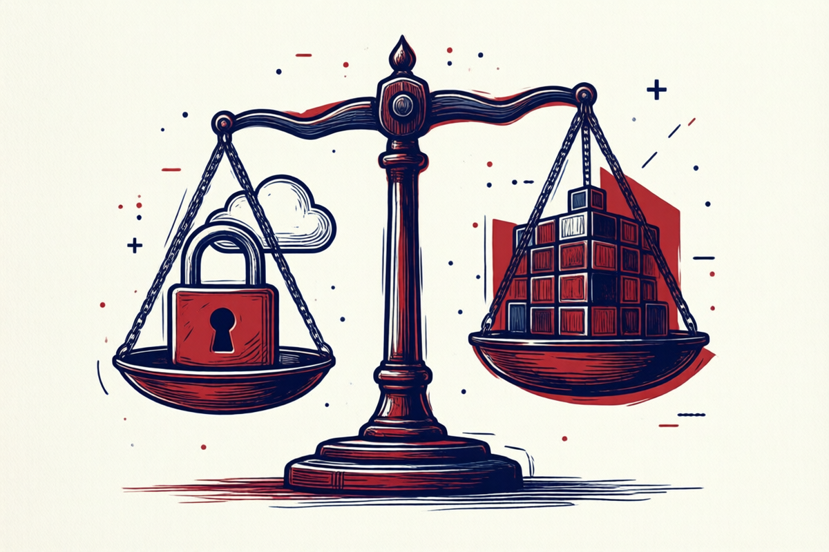 Illustration: Plattform-Vergleich – Waage mit geschlossenem Schloss auf der einen und offenen Modulen auf der anderen Seite