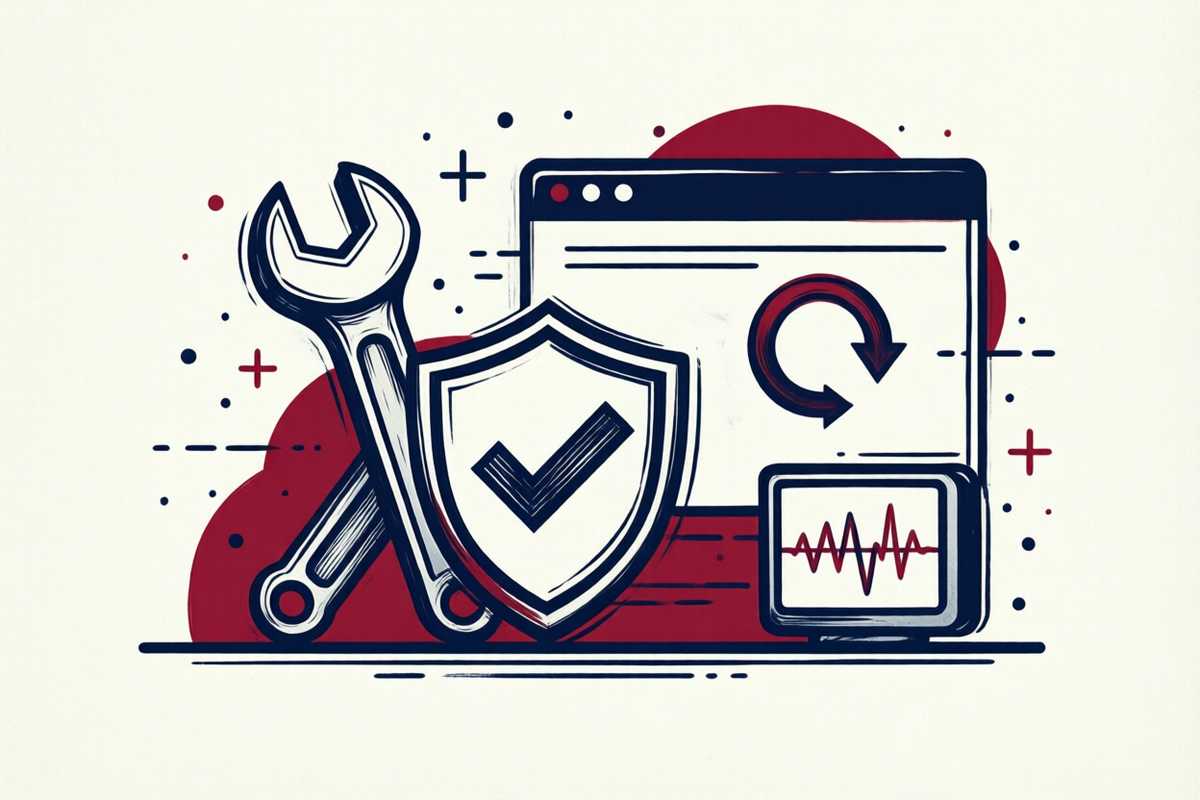 Illustration: Wartung und Support – Werkzeug, Sicherheitsschild, Update-Kreislauf und Monitoring